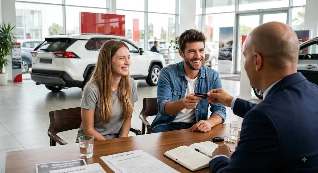 Casal fechando a compra de um veículo com o vendedor no showroom da revenda