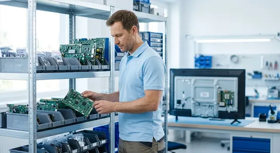 Técnico pegando uma placa eletrônica na estante do estoque